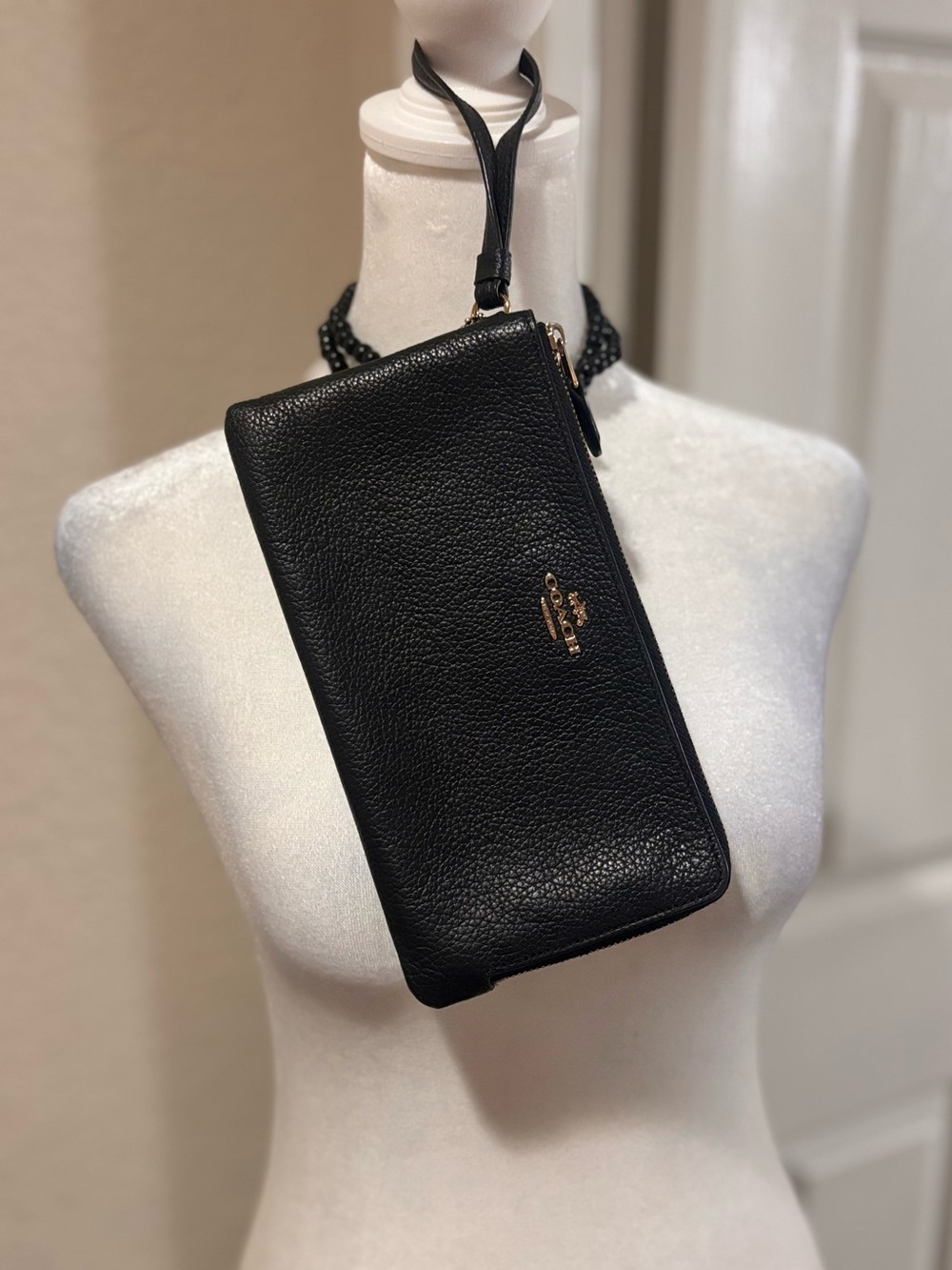 Coach Black Pebbled Leather Wristlet with Gold Logo
